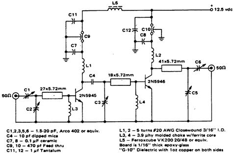 Схема усилителя мощности на 10 Вт для диапазона 450-470 МГц Схема усилителя мощности на 10 Вт для диапазона 450-470 МГц