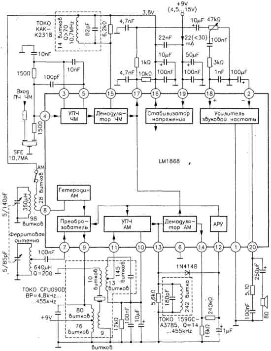 Приемник АМ/ЧМ на микросхеме LM1868 Приемник АМ/ЧМ на микросхеме LM1868